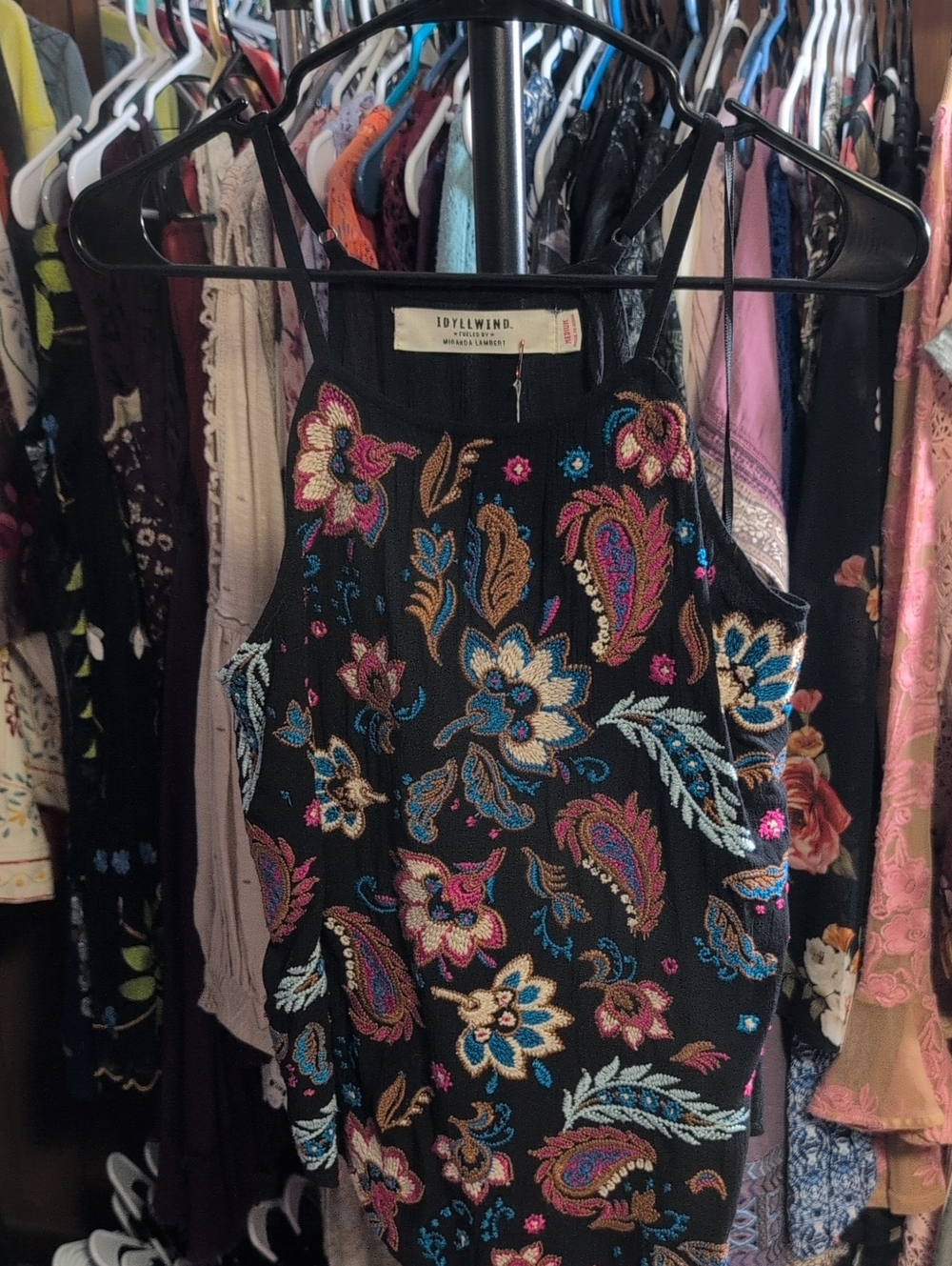 Idyllwind Black Halter Camisole with Multicolor Paisley Embroidery NWOT